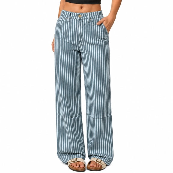 Women's Vintage Y2k Striped Denim Pants Wide Leg High Waist Stretchy Long Jean Palazzo Trousers with Pocket