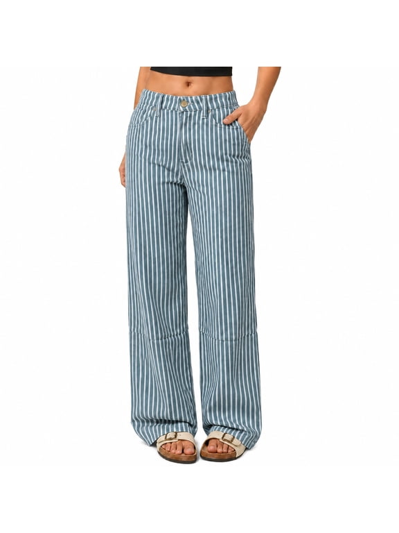 Women's Vintage Y2k Striped Denim Pants Wide Leg High Waist Stretchy Long Jean Palazzo Trousers with Pocket