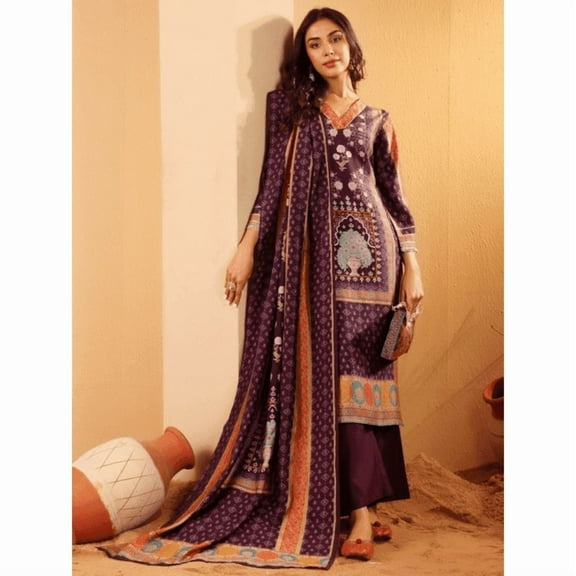 Women's Violet and Orange Ethnic Kurta Set with Chanderi Silk Trousers and Dupatta, Gotta Patti Suit, S-2XL