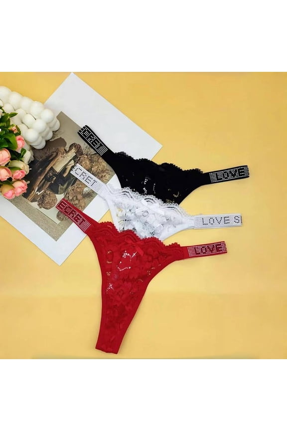 Women's Viral Sparkle Lace Thong for Women with Rhinestone-Embellished Strap Cheeky Underwear Panties 3 Pack Fitness Thong Womenswear Love Crystal Lingerie Elegance
