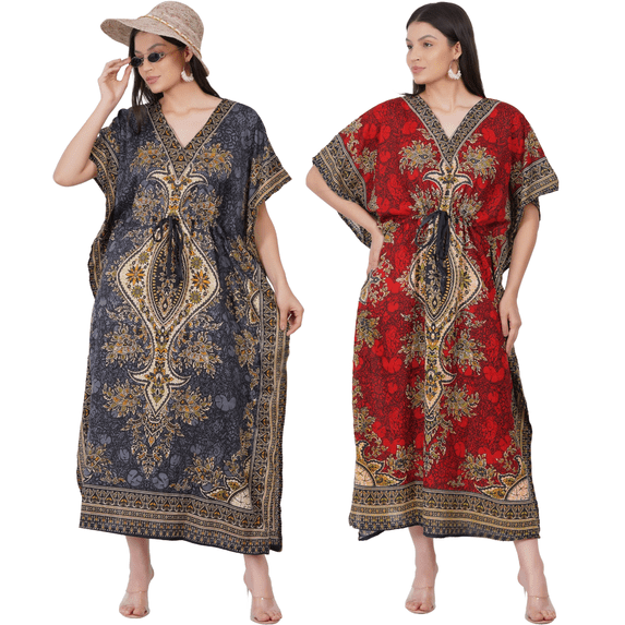 Women’s Viscose Printed Kaftan/Maxi Dress with Drawstring Waist/Ethnic Design SET OF 2