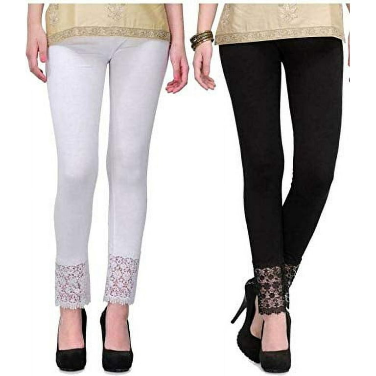 Women's Viscose Slim Fit Solid Bottom Lace Leggings Combo (Black, White,  Free Size) - Pack of 2 