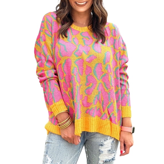 Women's Vitality Orange Abstract Print Baggy Sweater with Ribbed Trim