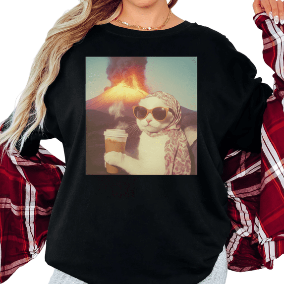 Women's "Volcano Coffee Cat" Meme Graphic Casual T Shirt Funny Cool Cat Vintage Short Sleeve Round Neck Top Black S-5XL