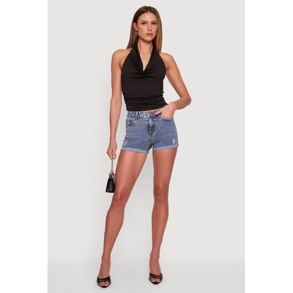 Women's WAX Acid Wash Denim Distressed Fixed Cuff Shorts