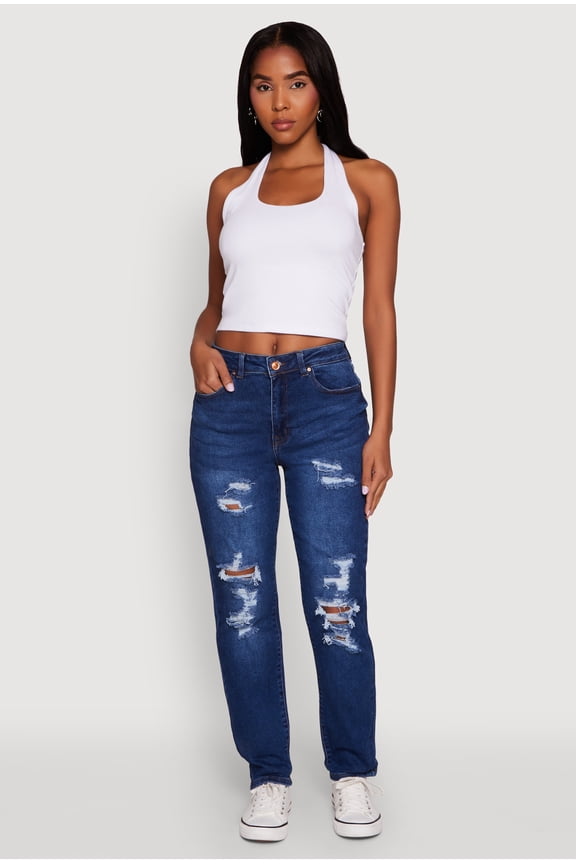 Women's WAX Mid Rise Boyfriend Cut Distressed Jeans
