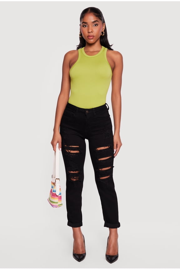 Women's WAX Slashed Fixed Cuff Straight Leg Jeans