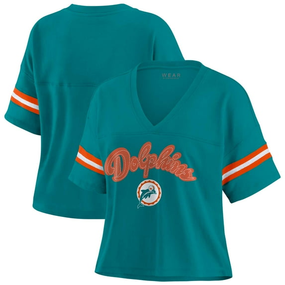 Women's WEAR by Erin Andrews Aqua Miami Dolphins Plus Size Color Block Boxy V-Neck T-Shirt