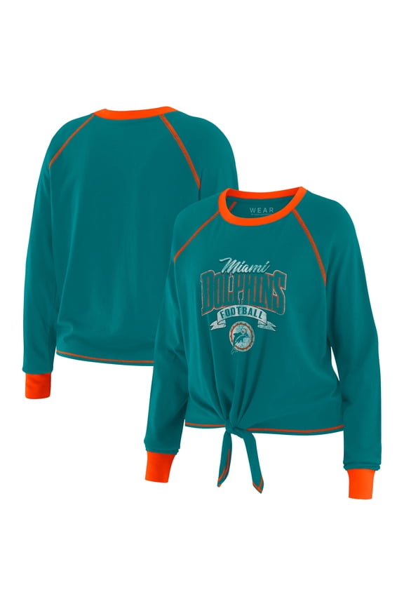 Women's WEAR by Erin Andrews Aqua/Orange Miami Dolphins Plus Size Tie-Front Long Sleeve Top