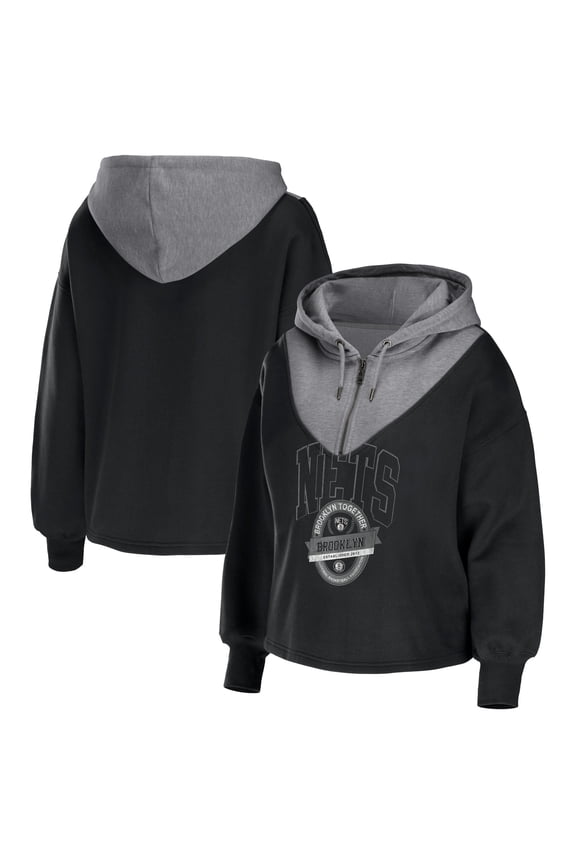 Women's WEAR by Erin Andrews Black Brooklyn Nets Pieced Quarter-Zip Hoodie Jacket