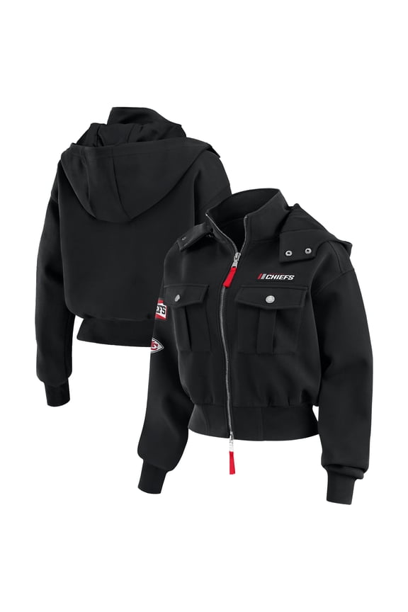 Women's WEAR by Erin Andrews Black Kansas City Chiefs Tri-Blend Patch Pocket Cropped Full-Zip Bomber Hoodie Jacket