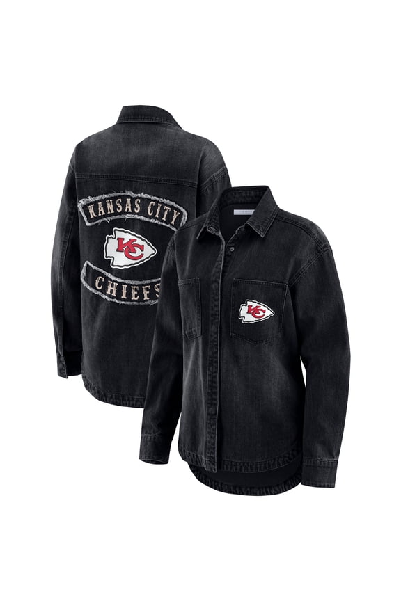 Women's WEAR by Erin Andrews Black Kansas City Chiefs Washed Oversized Denim Full-Snap Shacket