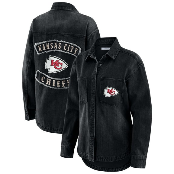 Women's WEAR by Erin Andrews Black Kansas City Chiefs Washed Oversized Denim Full-Snap Shacket