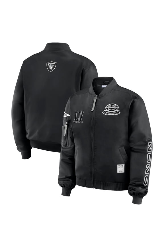 Women's WEAR by Erin Andrews Black Las Vegas Raiders Patch Full-Zip Bomber Jacket