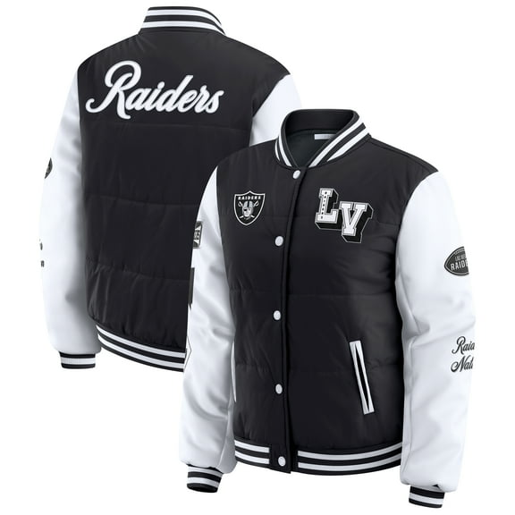 Women's WEAR by Erin Andrews Black Las Vegas Raiders Varsity Full-Snap Puffer Jacket