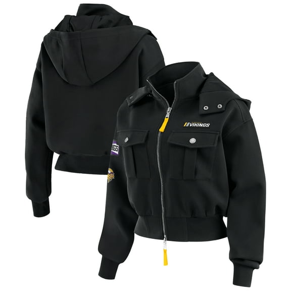 Women's WEAR by Erin Andrews Black Minnesota Vikings Tri-Blend Patch Pocket Cropped Full-Zip Bomber Hoodie Jacket