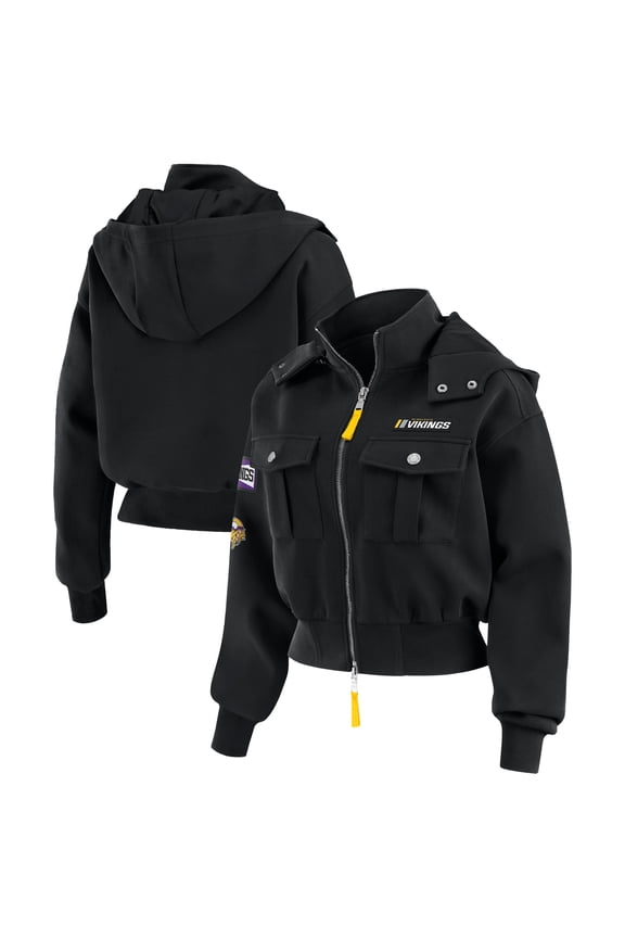 Women's WEAR by Erin Andrews Black Minnesota Vikings Tri-Blend Patch Pocket Cropped Full-Zip Bomber Hoodie Jacket