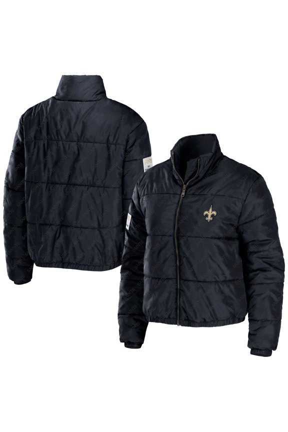 Women's WEAR by Erin Andrews Black New Orleans Saints Puffer Full-Zip Cropped Jacket