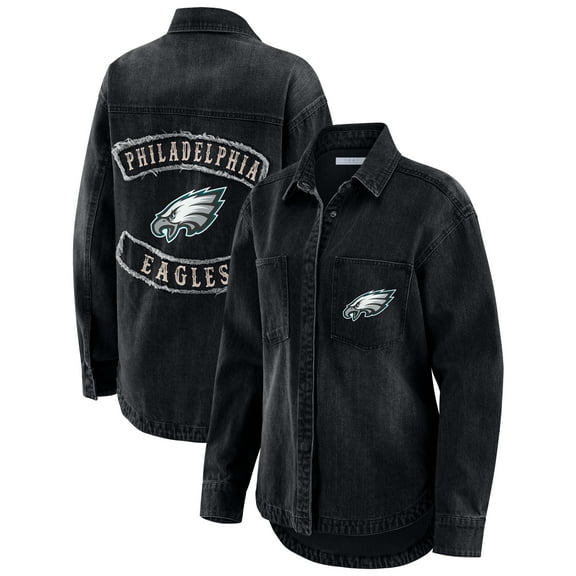 Women's WEAR by Erin Andrews Black Philadelphia Eagles Washed Oversized Denim Full-Snap Shacket