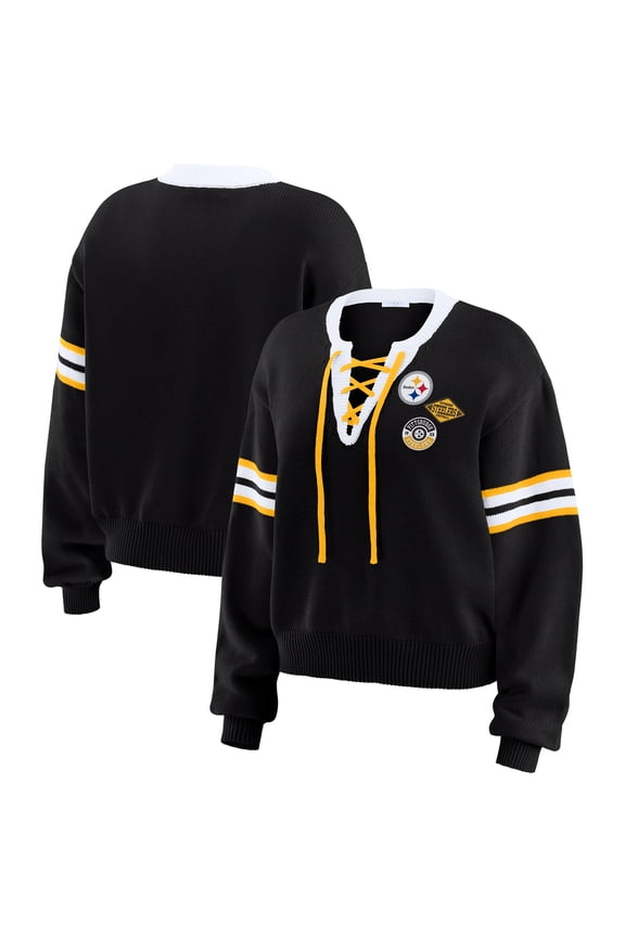 Women's WEAR by Erin Andrews Black Pittsburgh Steelers Lace-Up Sweater