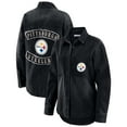 thumbnail image 1 of Women's WEAR by Erin Andrews Black Pittsburgh Steelers Washed Oversized Denim Full-Snap Shacket, 1 of 6