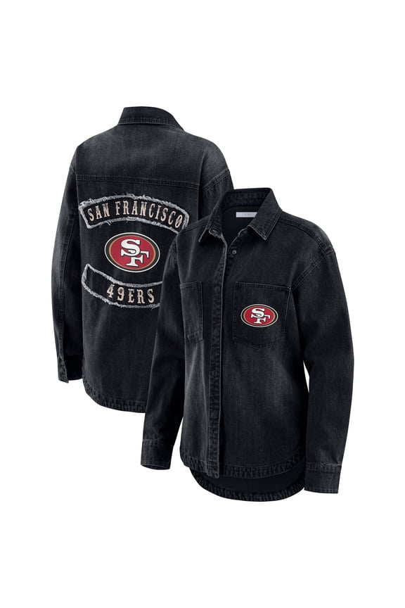 Women's WEAR by Erin Andrews Black San Francisco 49ers Washed Oversized Denim Full-Snap Shacket