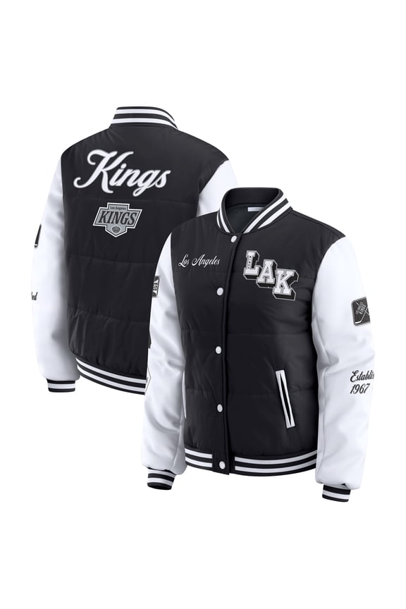 Women's WEAR by Erin Andrews Black/White Los Angeles Kings Varsity Full-Snap Puffer Jacket