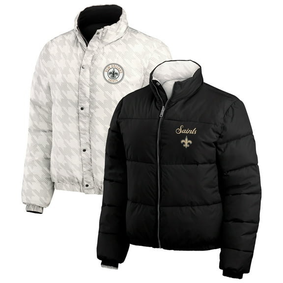 Women's WEAR by Erin Andrews Black/White New Orleans Saints Reversible Cropped Full-Zip Puffer Jacket