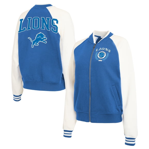 Women's WEAR by Erin Andrews Blue/White Detroit Lions Throwback Plus Size Fleece Varsity Full-Zip Jacket