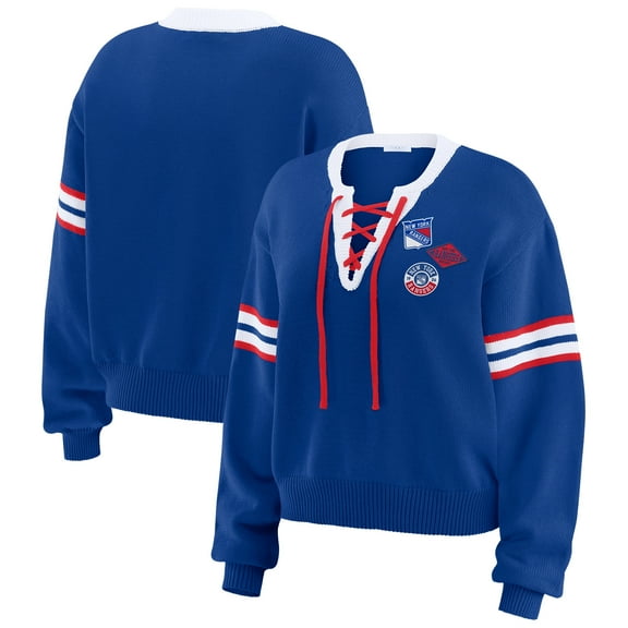 Women's WEAR by Erin Andrews Blue New York Rangers Cropped Lace-Up Sweater