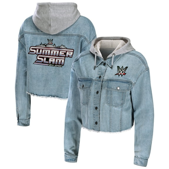 Women's WEAR by Erin Andrews Blue SummerSlam 2025 Hooded Cropped Full-Snap Denim Jacket
