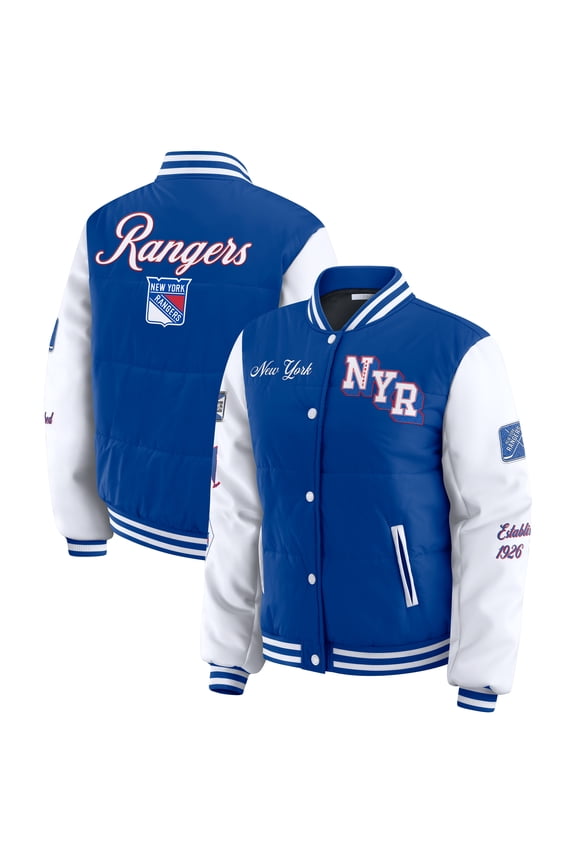 Women's WEAR by Erin Andrews Blue/White New York Rangers Varsity Full-Snap Puffer Jacket