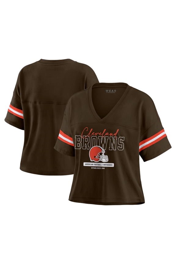 Women's WEAR by Erin Andrews Brown Cleveland Browns Color Block Boxy Modest Crop V-Neck T-Shirt