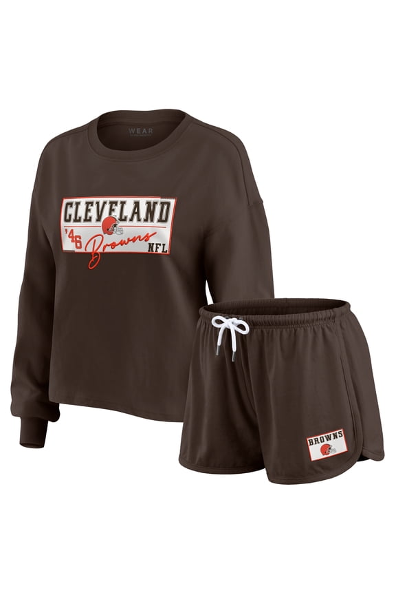 Women's WEAR by Erin Andrews Brown Cleveland Browns Heavy Rugby Jersey Long Sleeve T-Shirt & Shorts Lounge Set