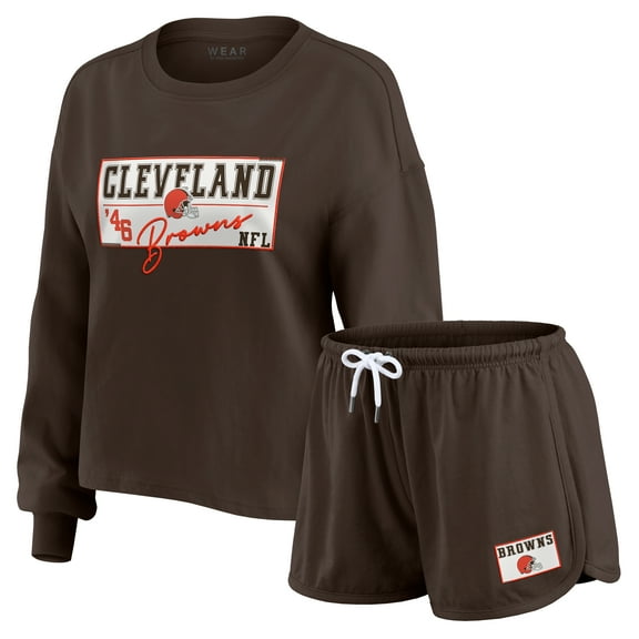 Women's WEAR by Erin Andrews Brown Cleveland Browns Heavy Rugby Jersey Long Sleeve T-Shirt & Shorts Lounge Set