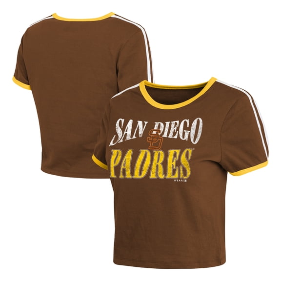 Women's WEAR by Erin Andrews Brown San Diego Padres Cropped Throwback Ringer Baby T-Shirt