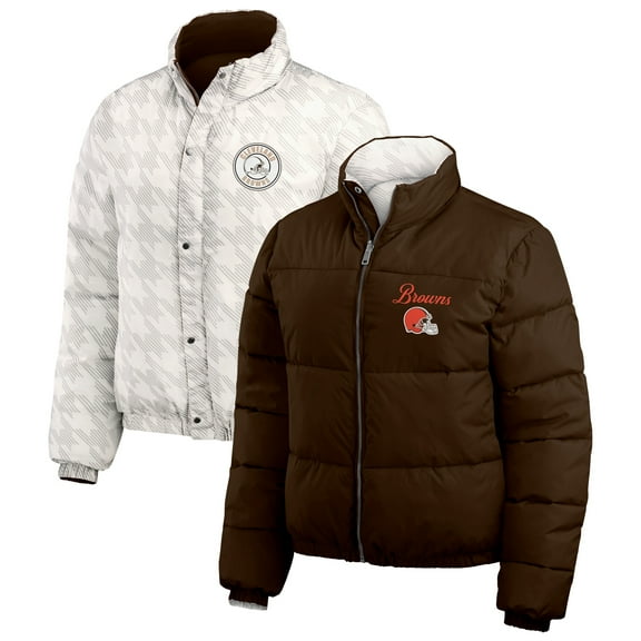Women's WEAR by Erin Andrews Brown/White Cleveland Browns Reversible Cropped Full-Zip Puffer Jacket