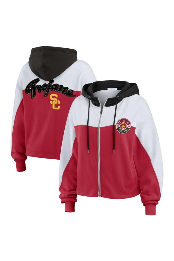 Women's WEAR by Erin Andrews Cardinal USC Trojans Color-Block Full-Zip Hoodie