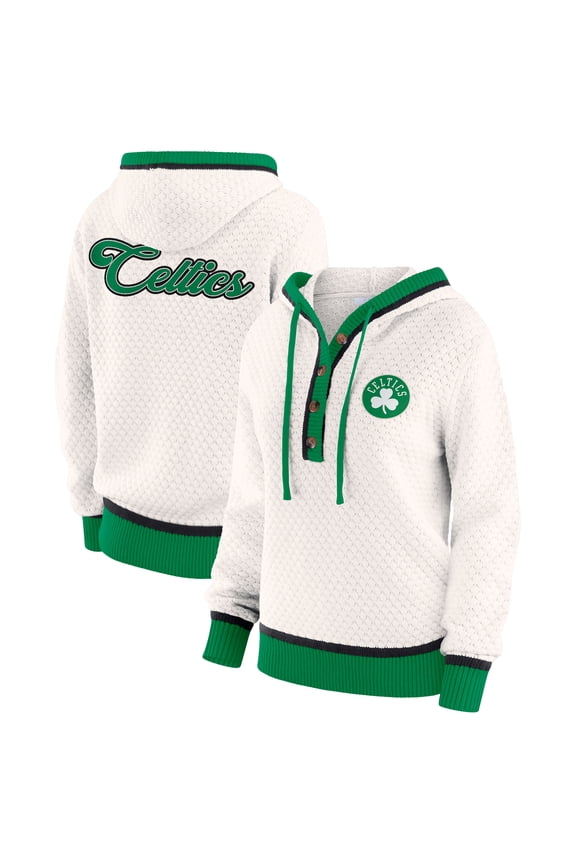 Women's WEAR by Erin Andrews Cream Boston Celtics Plus Size Hoodie Sweater