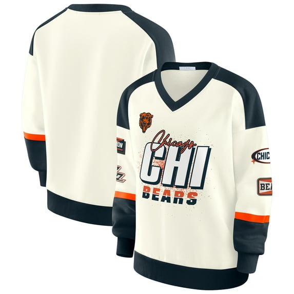 Women's WEAR by Erin Andrews Cream Chicago Bears Racing Crew V-Neck Sweatshirt