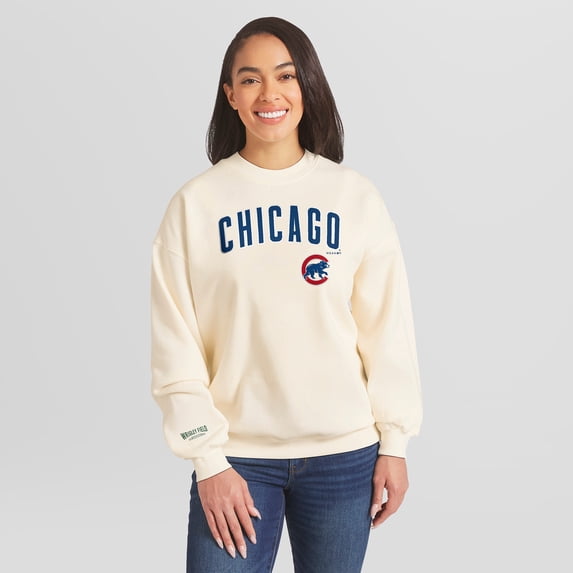 Women's WEAR by Erin Andrews Cream Chicago Cubs Heavyweight Crew Neck Sweatshirt