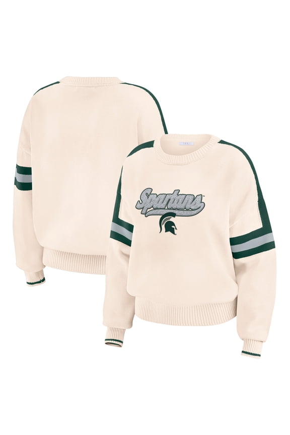 Women's WEAR by Erin Andrews Cream Michigan State Spartans Chenille Woven Patch Stripe Pullover Sweater