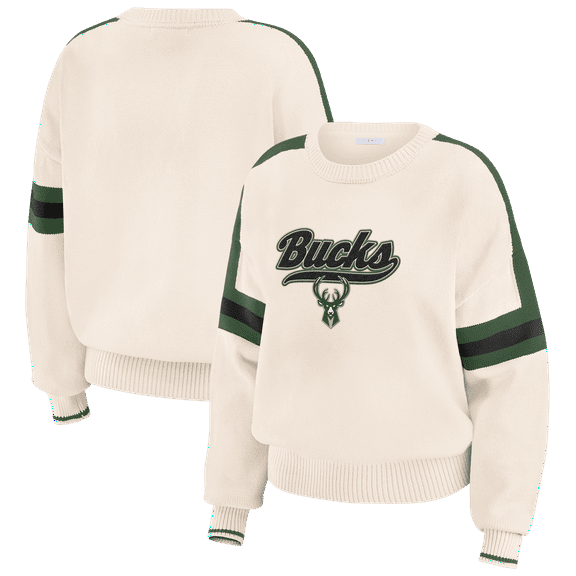 Women's WEAR by Erin Andrews  Cream Milwaukee Bucks Stripe Pullover Sweater