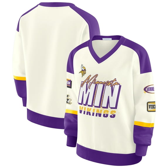 Women's WEAR by Erin Andrews Cream Minnesota Vikings Racing Crew V-Neck Sweatshirt