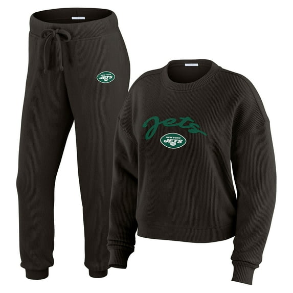 Women's WEAR by Erin Andrews Cream New York Jets Knitted Tri-Blend Long Sleeve T-Shirt & Pants Lounge Set