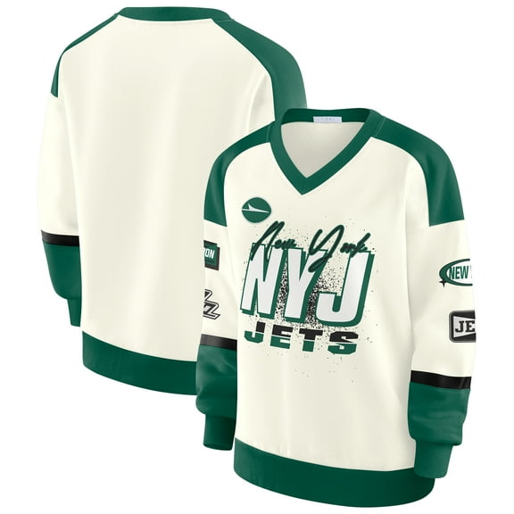 Women's WEAR by Erin Andrews  Cream New York Jets Racing Crew V-Neck Sweatshirt