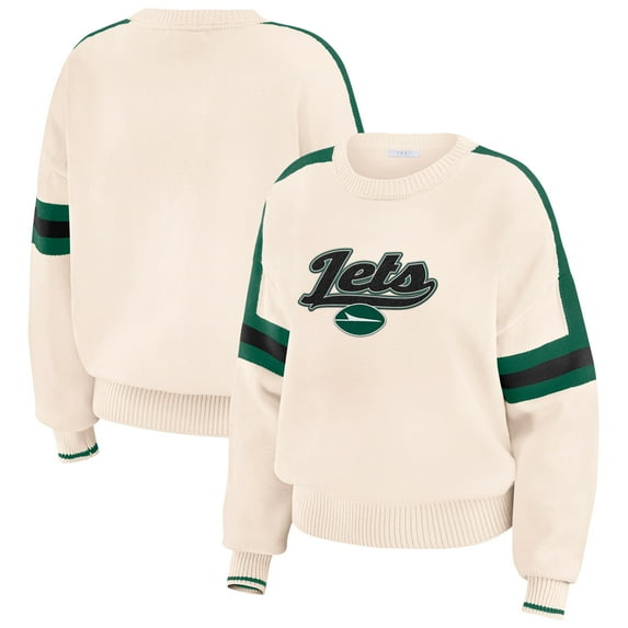 Women's WEAR by Erin Andrews Cream New York Jets Stripe Pullover Sweater