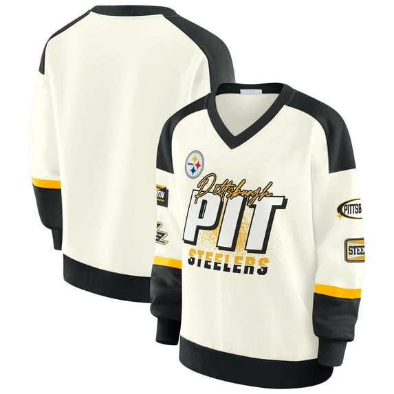 Women's WEAR by Erin Andrews Cream Pittsburgh Steelers Racing Crew V-Neck Sweatshirt