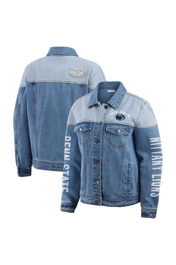 Women's WEAR by Erin Andrews Denim Penn State Nittany Lions Sleeve Hit Colorblock Button-Down Denim Jacket
