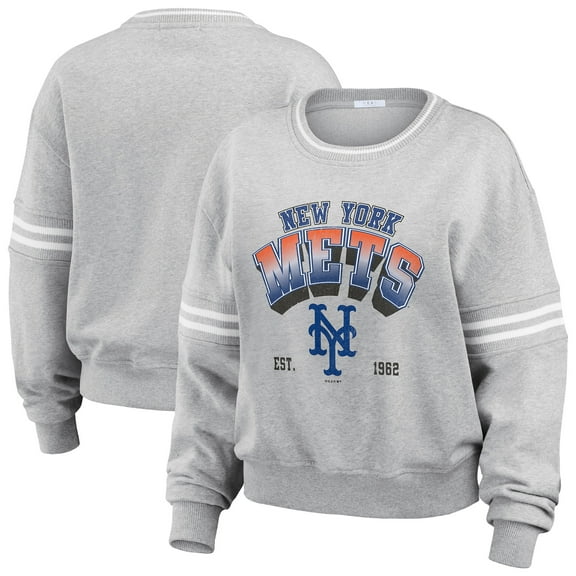 Women's WEAR by Erin Andrews  Gray New York Mets Sleeve Stripe Fleece Sweatshirt